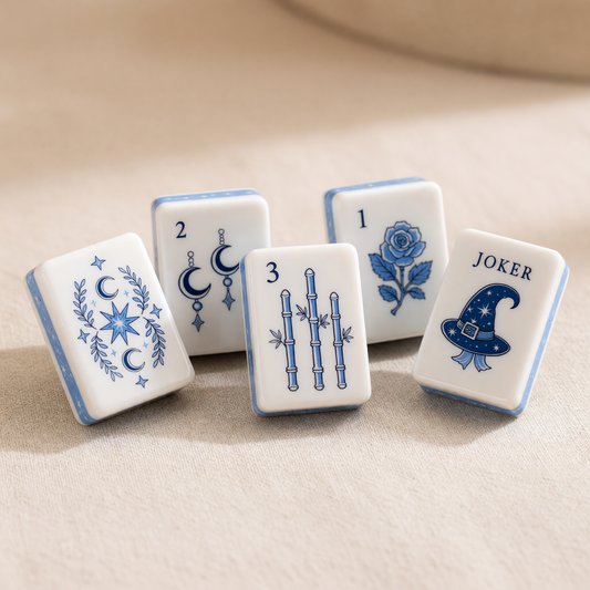 Celestial Blue and White Mahjong Tile Set with Moon and Star Motifs