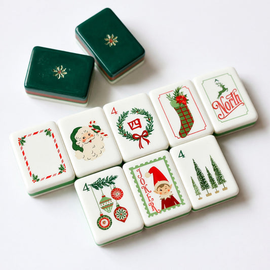 American Santa Elf Christmas Mahjong Tiles Set | Holiday Noel Stocking Reindeer Red and Green 160 Tile Engraved Acrylic Board Game Set – photo 2