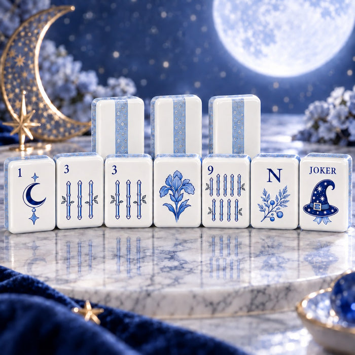 Celestial Blue White Moon American mahjong tiles set with celestial and botanical artwork
