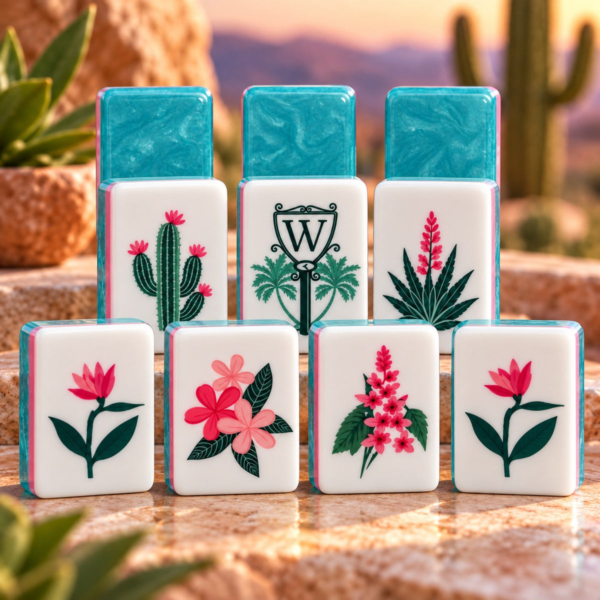 Floral Pink Flower Turquoise American mahjong tiles set with floral artwork