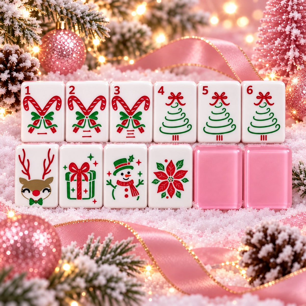Pink Christmas Candy Canes American mahjong tiles set with christmas motifs artwork
