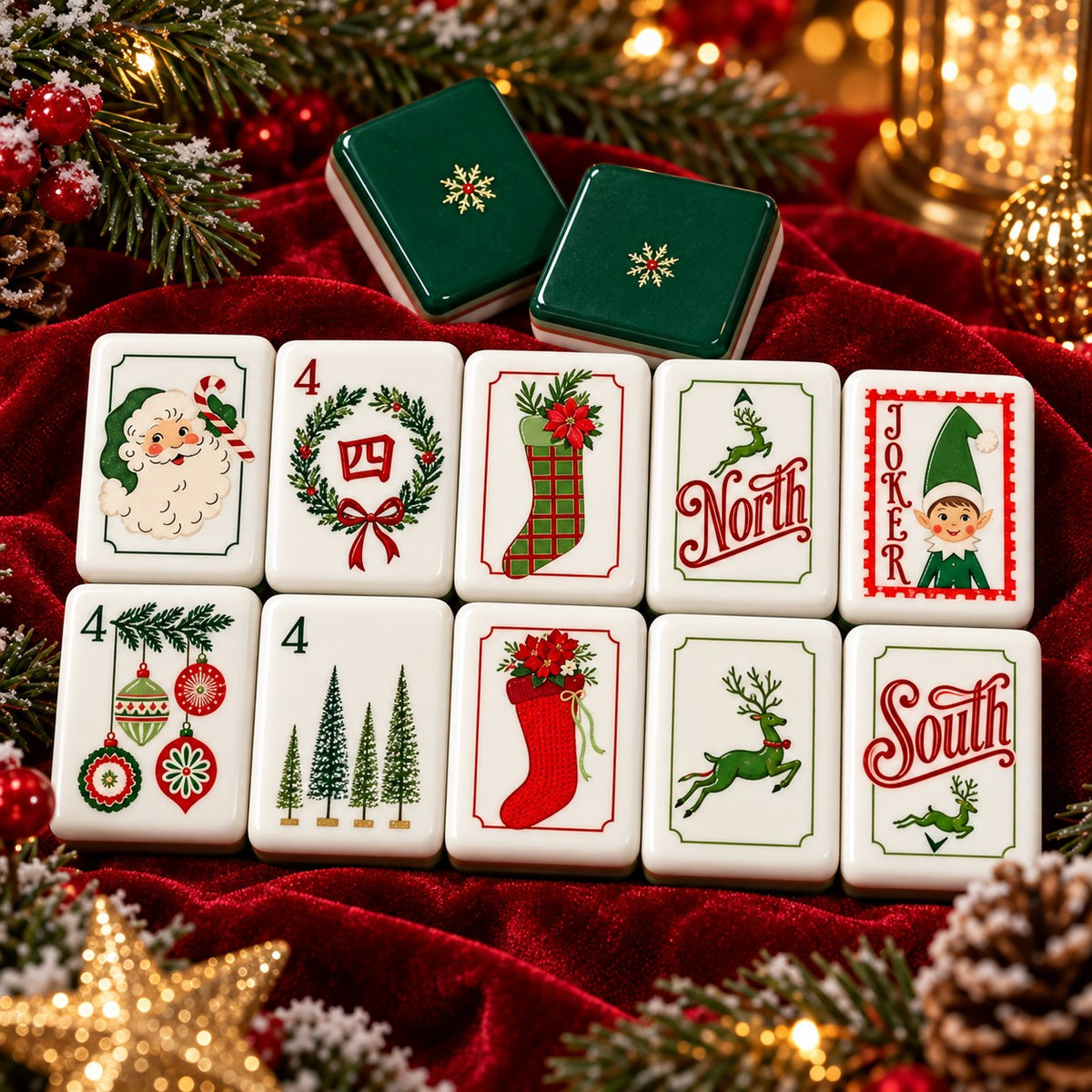 Christmas Santa Elves Stockings American mahjong tiles set with christmas artwork