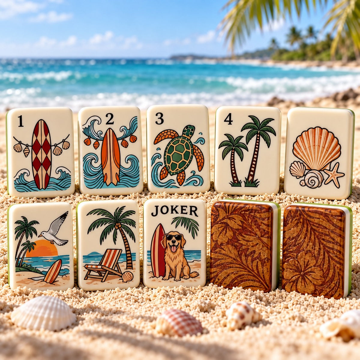 Coastal Tropical Beach Palm American mahjong tiles set with coastal and tropical artwork