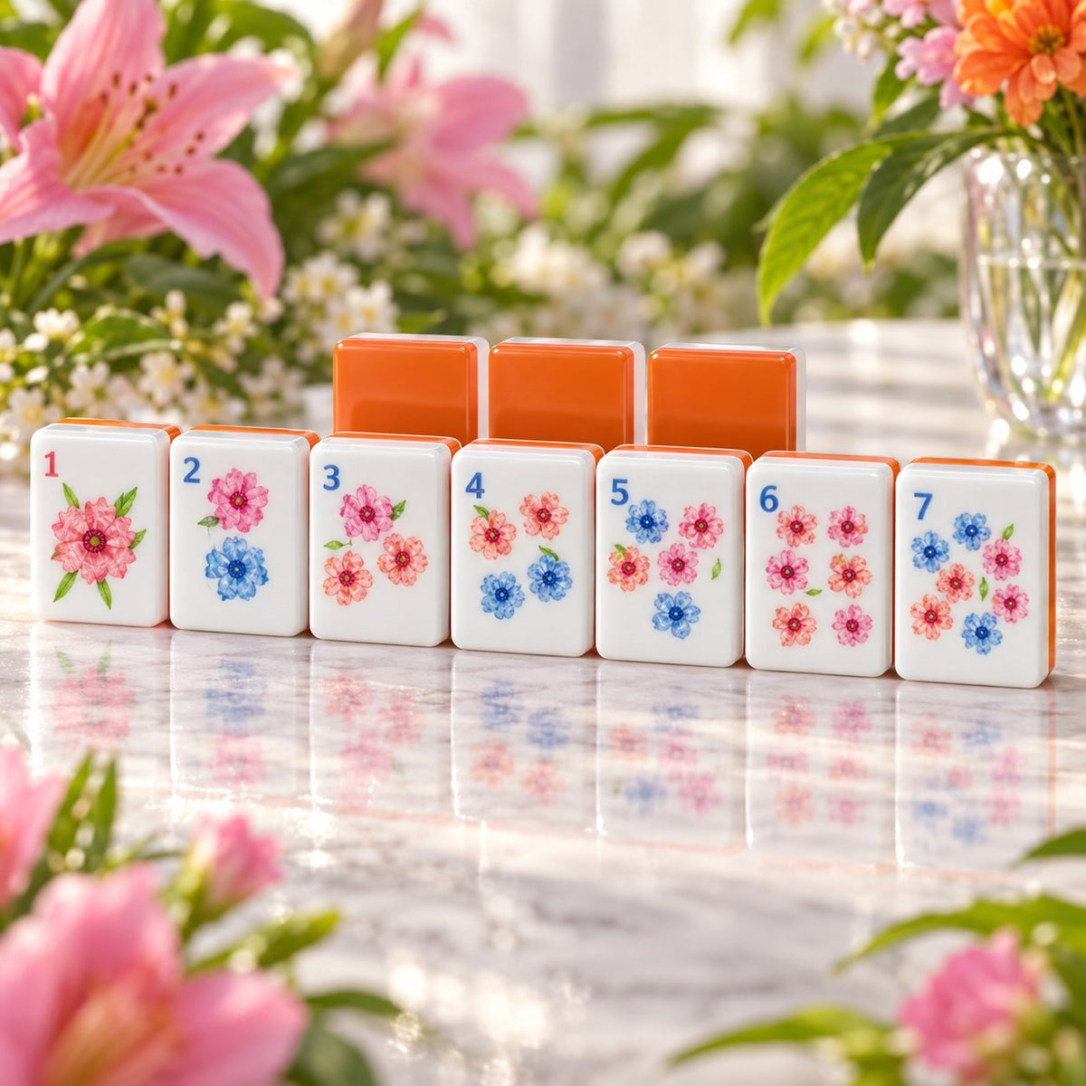 Floral Fruit Orange Green American mahjong tiles set with floral and fruit artwork