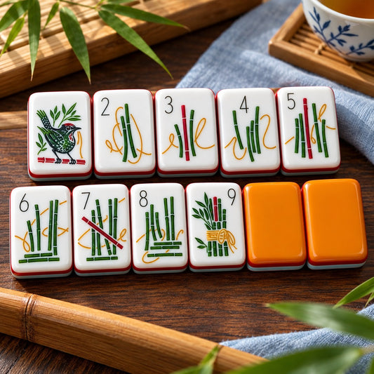 Mahjong tiles standing on a table