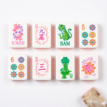 American Pink and Green Botanical Mahjong Tiles Set | Pastel Pink Floral Lotus Pearl 160 Tile Engraved Acrylic Board Game Set – photo 2
