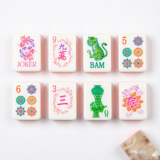 American Pink and Green Botanical Mahjong Tiles Set | Pastel Pink Floral Lotus Pearl 160 Tile Engraved Acrylic Board Game Set – photo 2