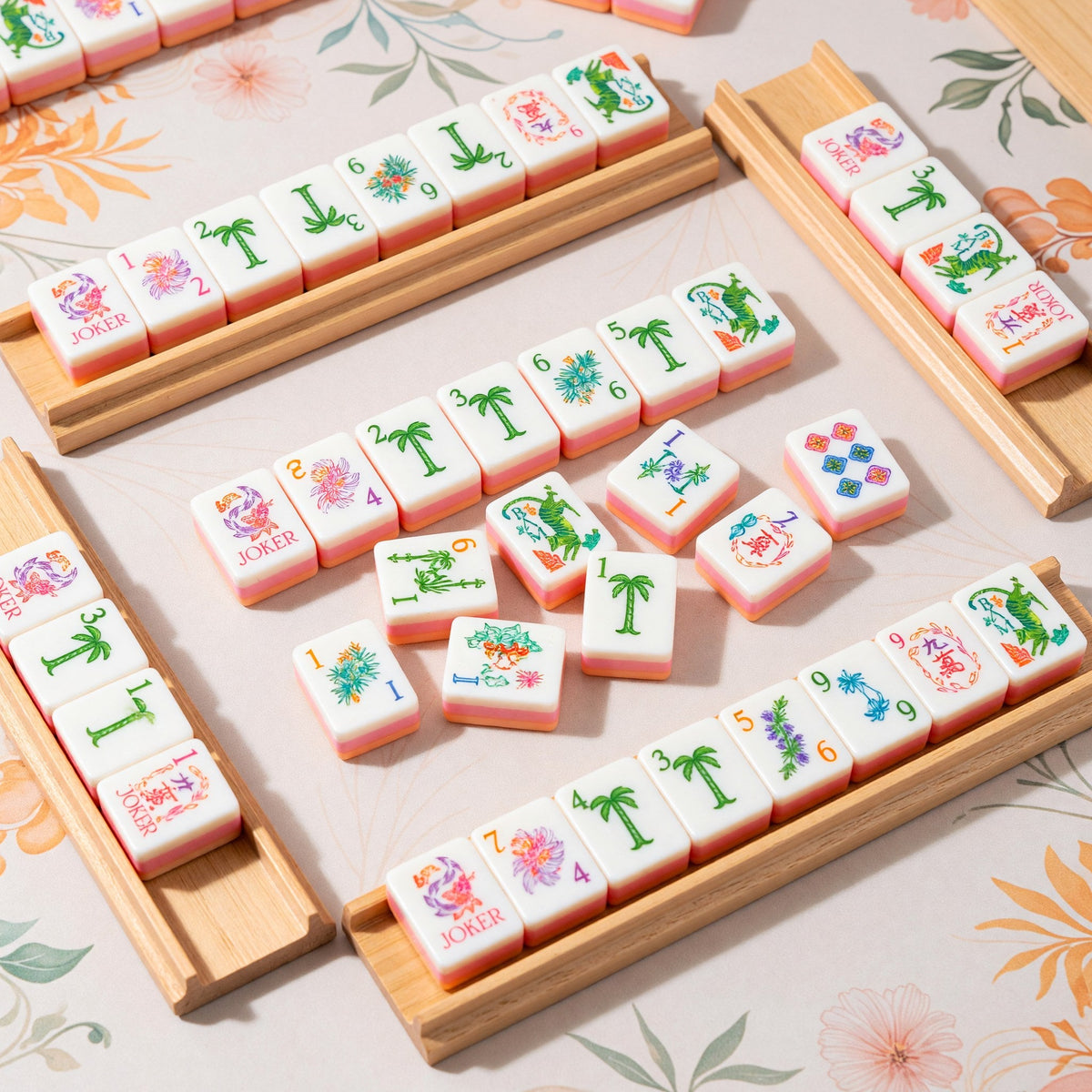 American Pink and Green Botanical Mahjong Tiles Set | Pastel Pink Floral Lotus Pearl 160 Tile Engraved Acrylic Board Game Set – photo 4