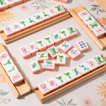 American Pink and Green Botanical Mahjong Tiles Set | Pastel Pink Floral Lotus Pearl 160 Tile Engraved Acrylic Board Game Set – photo 4