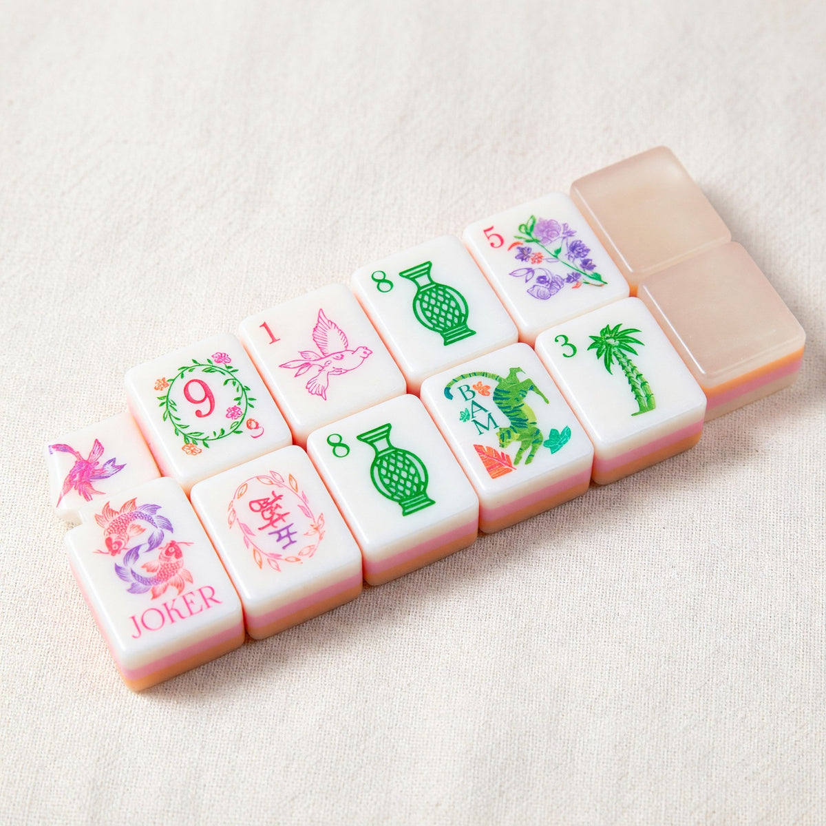 American Pink and Green Botanical Mahjong Tiles Set | Pastel Pink Floral Lotus Pearl 160 Tile Engraved Acrylic Board Game Set – photo 5