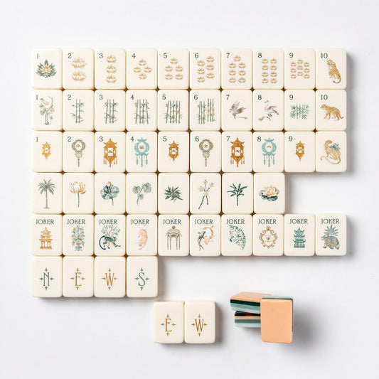 American Peach Chinoiserie Mahjong Tiles Set | Green Botanical Pagoda Lotus Ginger Jar 160 Tile Engraved Acrylic Board Game Set – photo 2