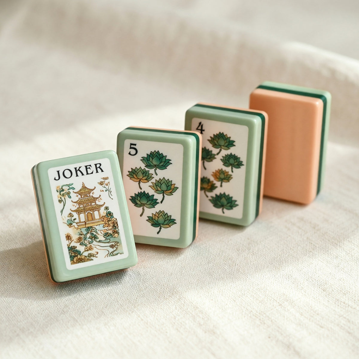 American Peach Chinoiserie Mahjong Tiles Set | Green Botanical Pagoda Lotus Ginger Jar 160 Tile Engraved Acrylic Board Game Set – photo 3
