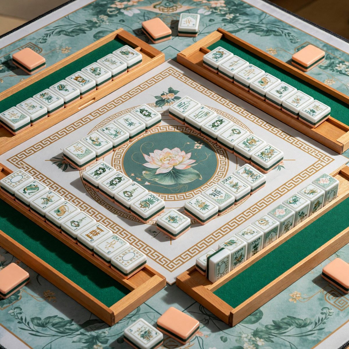 American Peach Chinoiserie Mahjong Tiles Set | Green Botanical Pagoda Lotus Ginger Jar 160 Tile Engraved Acrylic Board Game Set – photo 4