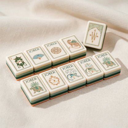 American Peach Chinoiserie Mahjong Tiles Set | Green Botanical Pagoda Lotus Ginger Jar 160 Tile Engraved Acrylic Board Game Set – photo 5