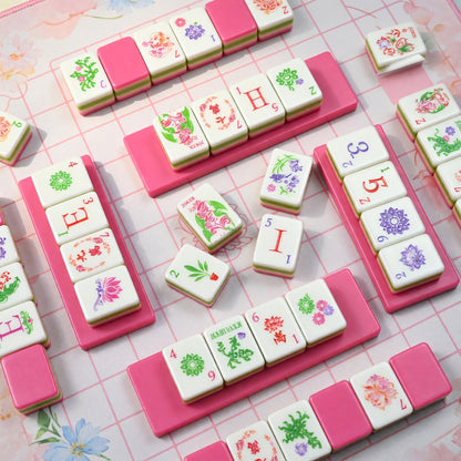 American Hot Pink Floral Mahjong Tiles Set | Botanical Flower Garden Pink and Green 160 Tile Engraved Acrylic Board Game Set – photo 4
