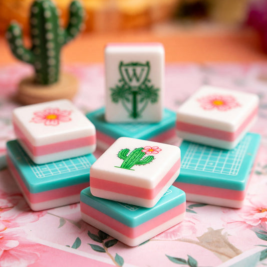 American Turquoise Cactus Floral Mahjong Tiles Set | Desert Garden Pink Floral Teal 160 Tile Engraved Acrylic Board Game Set – photo 2