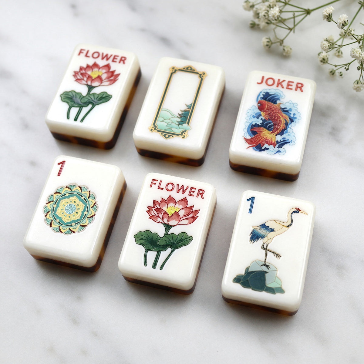 American Tortoise Shell Chinoiserie Mahjong Tiles Set | Brown Lotus Koi Crane Pagoda 160 Tile Engraved Acrylic Board Game Set – photo 2