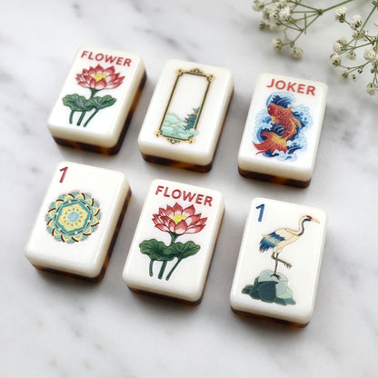 American Tortoise Shell Chinoiserie Mahjong Tiles Set | Brown Lotus Koi Crane Pagoda 160 Tile Engraved Acrylic Board Game Set – photo 2