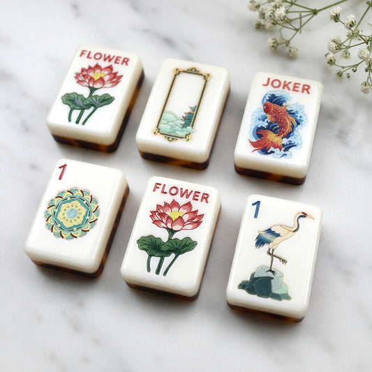 American Tortoise Shell Chinoiserie Mahjong Tiles Set | Brown Lotus Koi Crane Pagoda 160 Tile Engraved Acrylic Board Game Set – photo 2