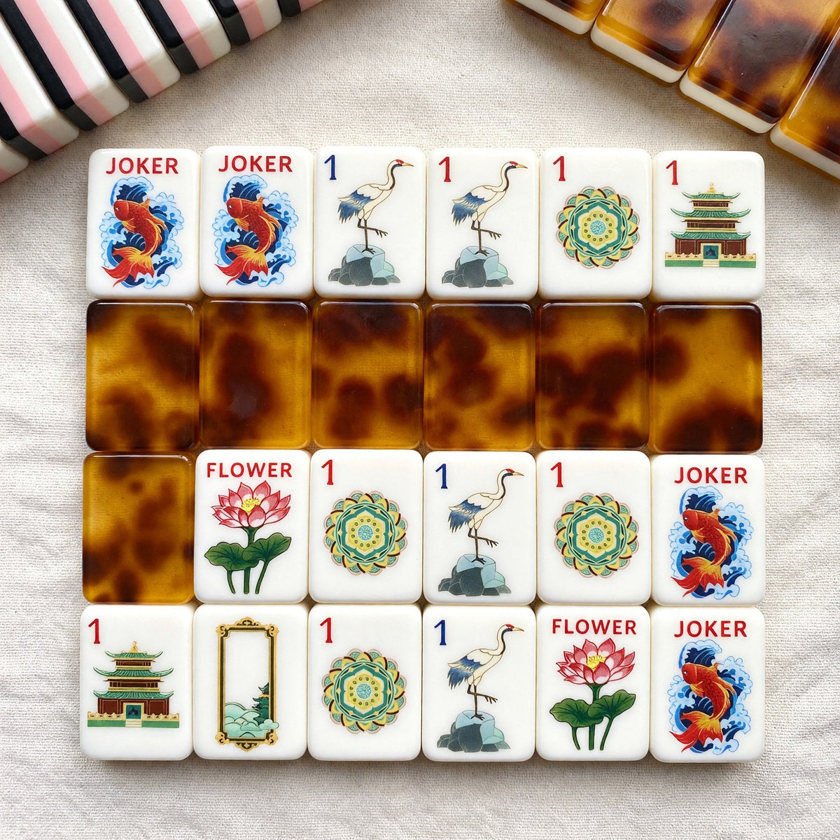 American Tortoise Shell Chinoiserie Mahjong Tiles Set | Brown Lotus Koi Crane Pagoda 160 Tile Engraved Acrylic Board Game Set – photo 4