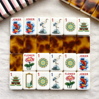 American Tortoise Shell Chinoiserie Mahjong Tiles Set | Brown Lotus Koi Crane Pagoda 160 Tile Engraved Acrylic Board Game Set – photo 4