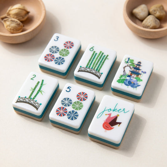 American Teal Peacock Chinoiserie Mahjong Tiles Set | Navy Blue and Green Botanical Pagoda 160 Tile Engraved Acrylic Board Game Set – photo 2