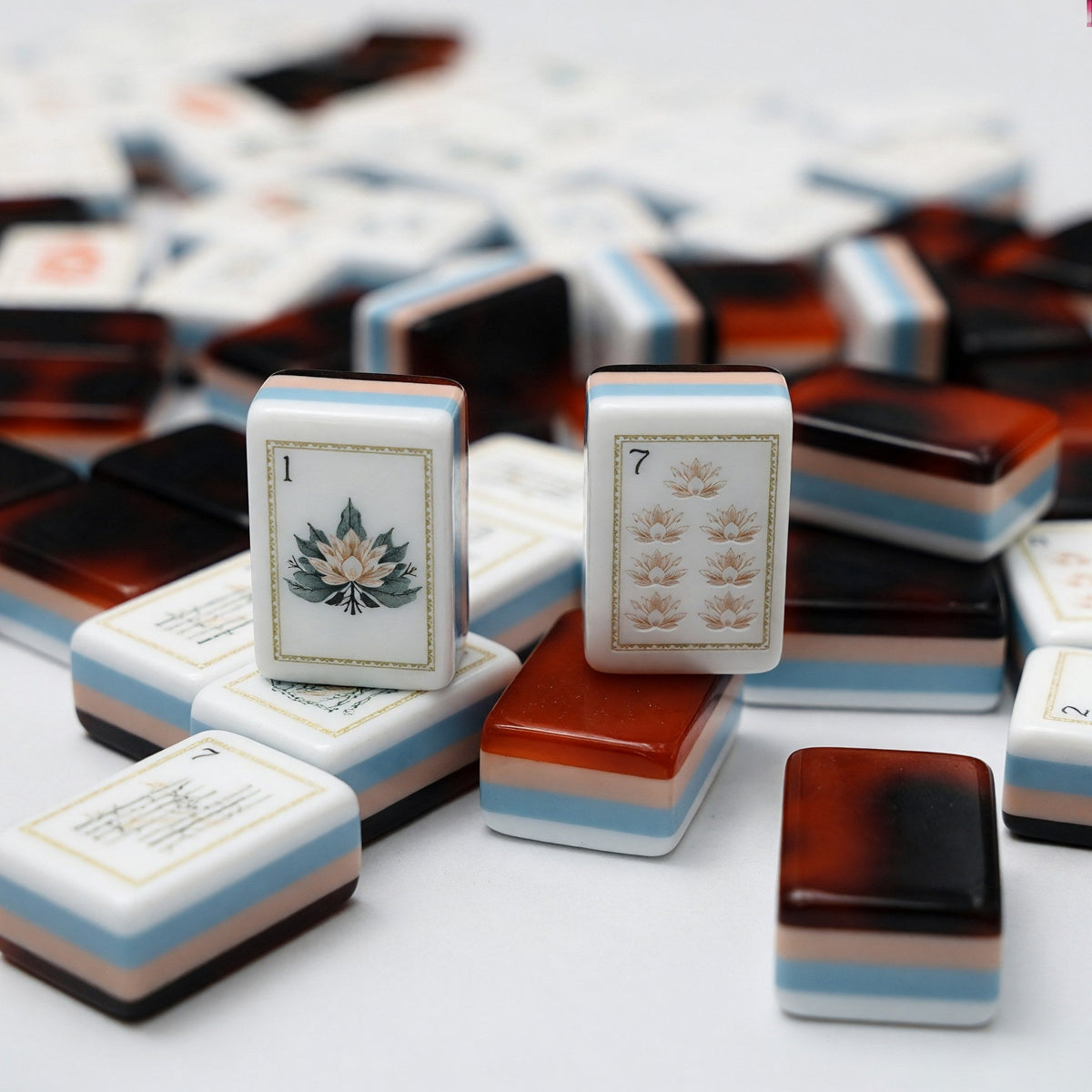 American Tortoise Shell Lotus Crane Mahjong Tiles Set | Gold Botanical Chinoiserie Leopard 160 Tile Engraved Acrylic Board Game Set – photo 2