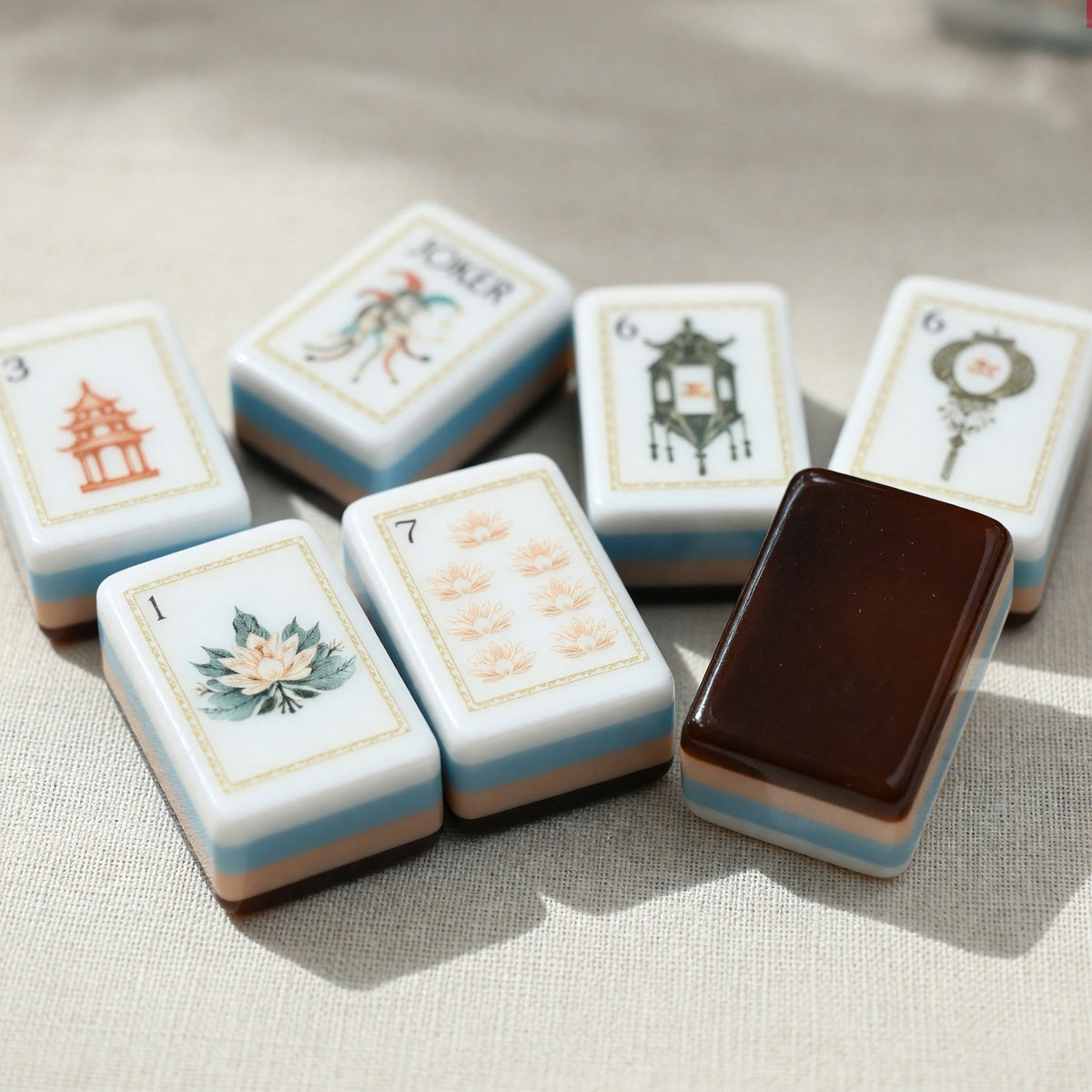 American Tortoise Shell Lotus Crane Mahjong Tiles Set | Gold Botanical Chinoiserie Leopard 160 Tile Engraved Acrylic Board Game Set – photo 3
