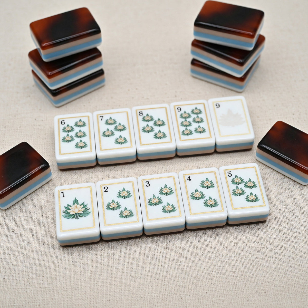 American Tortoise Shell Lotus Crane Mahjong Tiles Set | Gold Botanical Chinoiserie Leopard 160 Tile Engraved Acrylic Board Game Set – photo 4