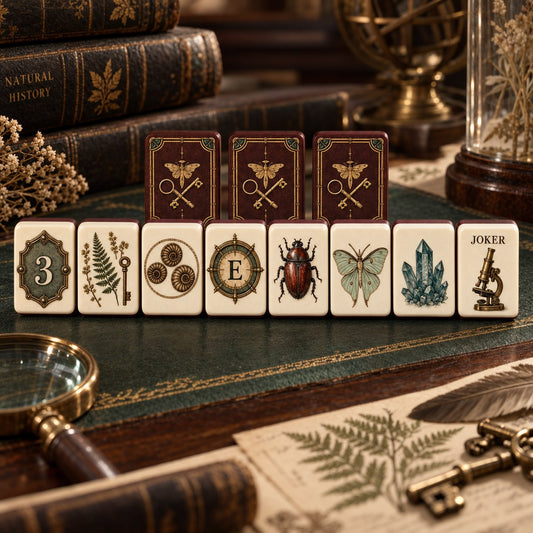 Vintage-Style Keys Insects Ivory American mahjong tiles set with vintage keys and insects artwork