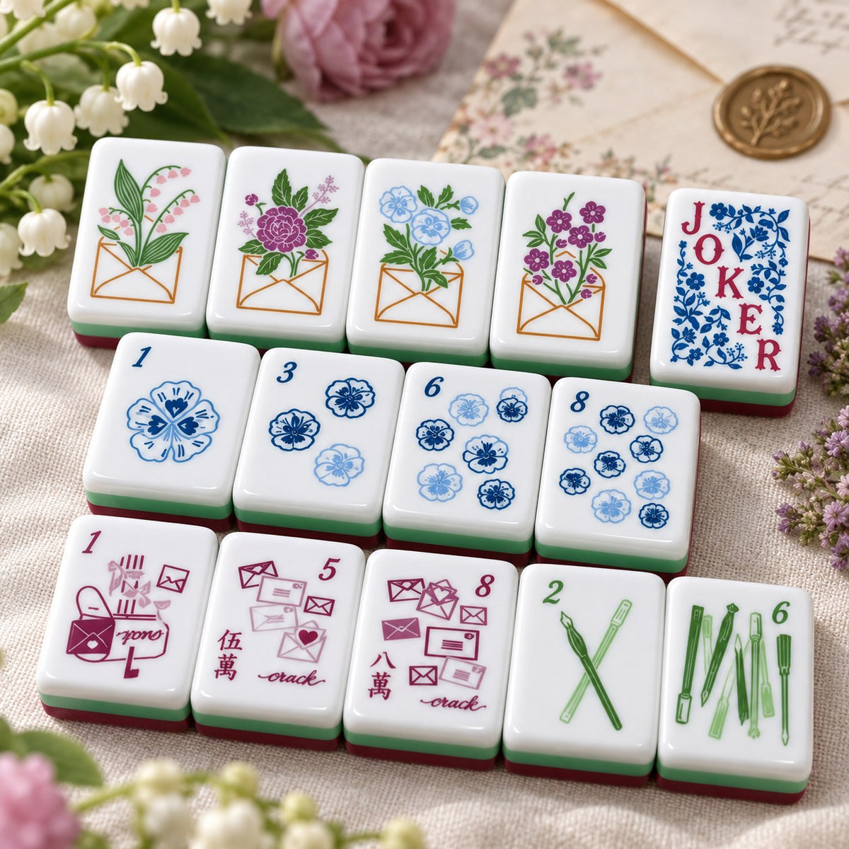 Red Green Floral Letter American mahjong tiles set with floral and script artwork