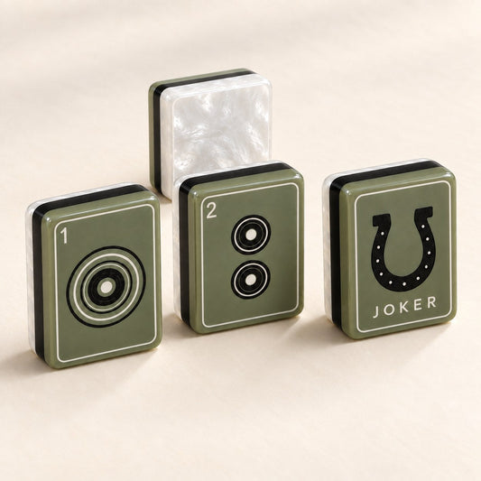 Olive Green Botanical Pearl American mahjong tiles set with botanical and nature artwork