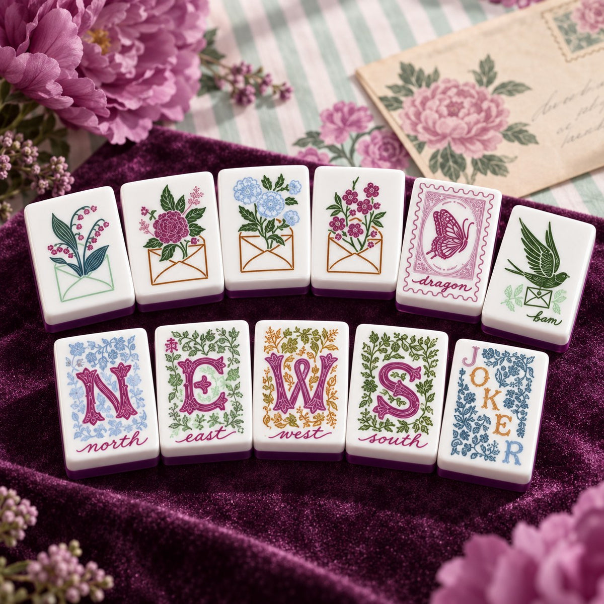 Floral Nature Green Purple American mahjong tiles set with floral and nature artwork