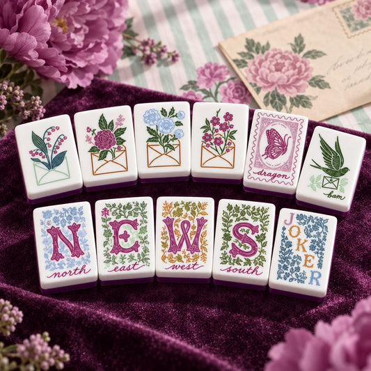 Floral Nature Green Purple American mahjong tiles set with floral and nature artwork