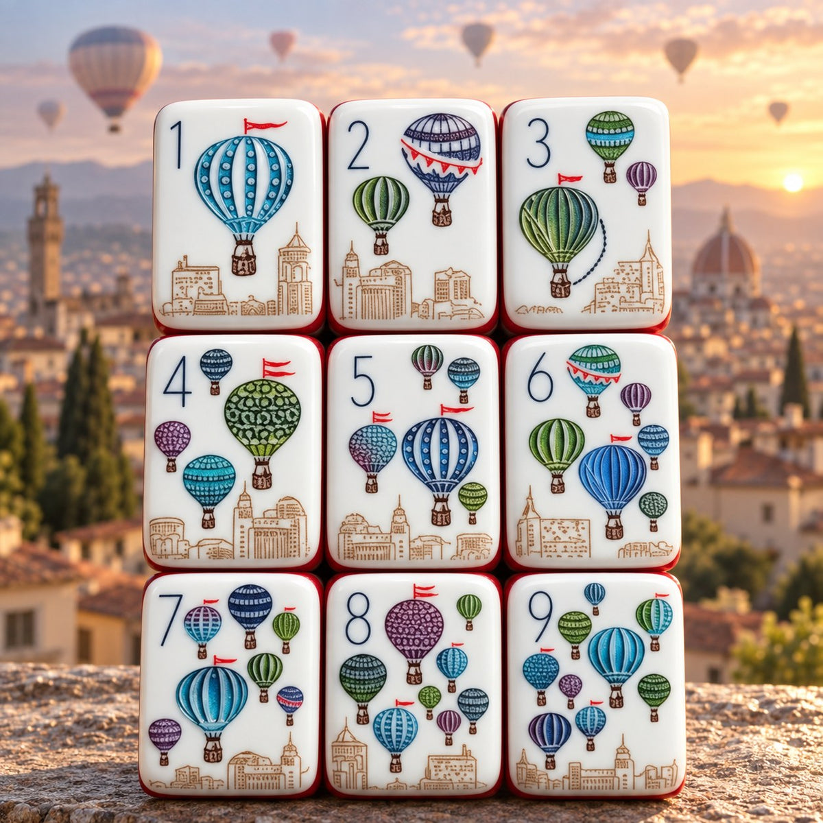 Hot Air Balloon Cityscape American mahjong tiles set with hot air balloons and cityscapes artwork