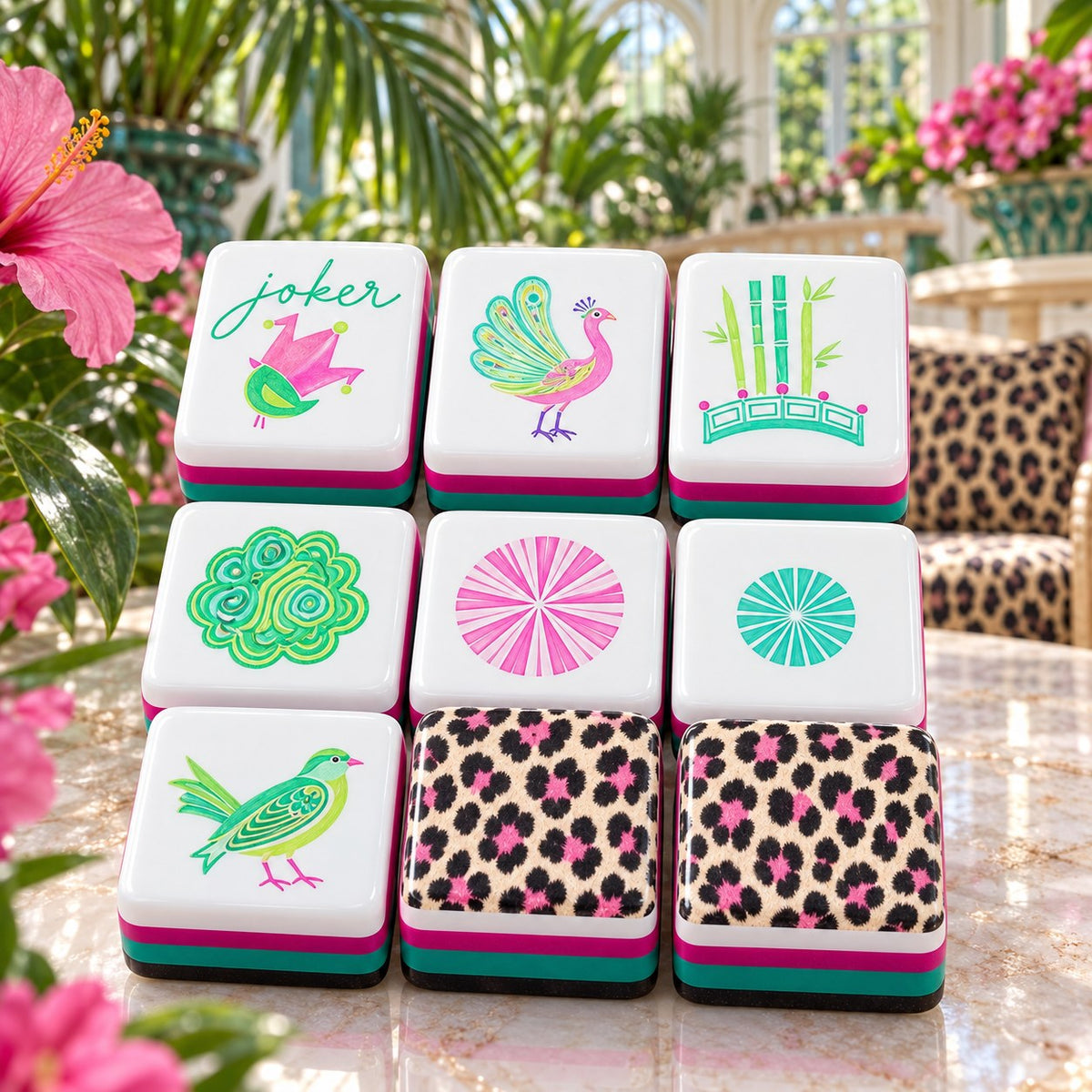 Floral Bird Pink Teal American mahjong tiles set with floral and bird artwork