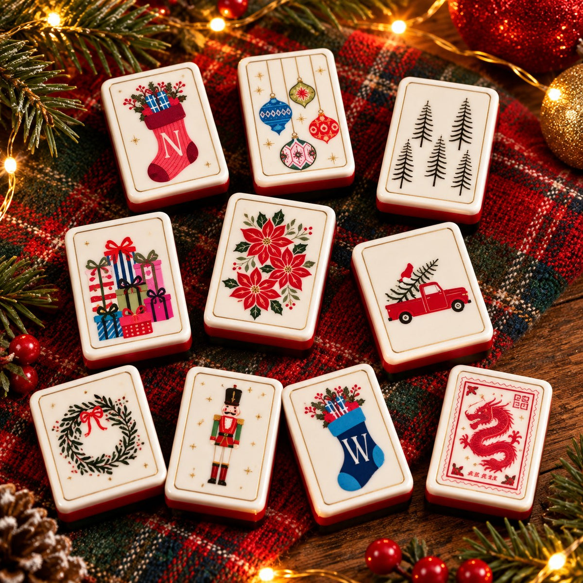 Christmas Holiday Stockings Trees American mahjong tiles set with christmas artwork