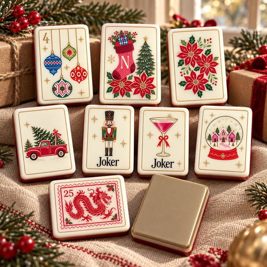 Christmas Ornaments Stockings Poinsettias American mahjong tiles set with christmas ornaments, stockings, poinsettias, christmas trees, gift boxes, candy canes, holly, snowflakes, pine branches artwork