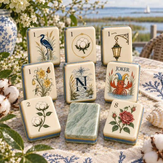 Coastal Botanicals Heron Crab American mahjong tiles set with coastal botanicals artwork
