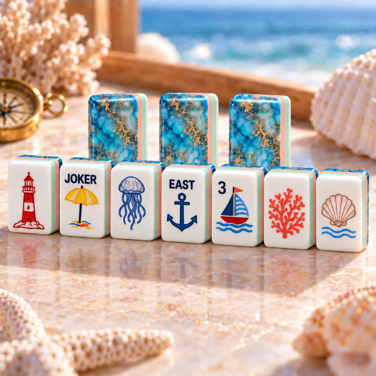 Coastal Nautical Lighthouse Jellyfish American mahjong tiles set with coastal and nautical artwork