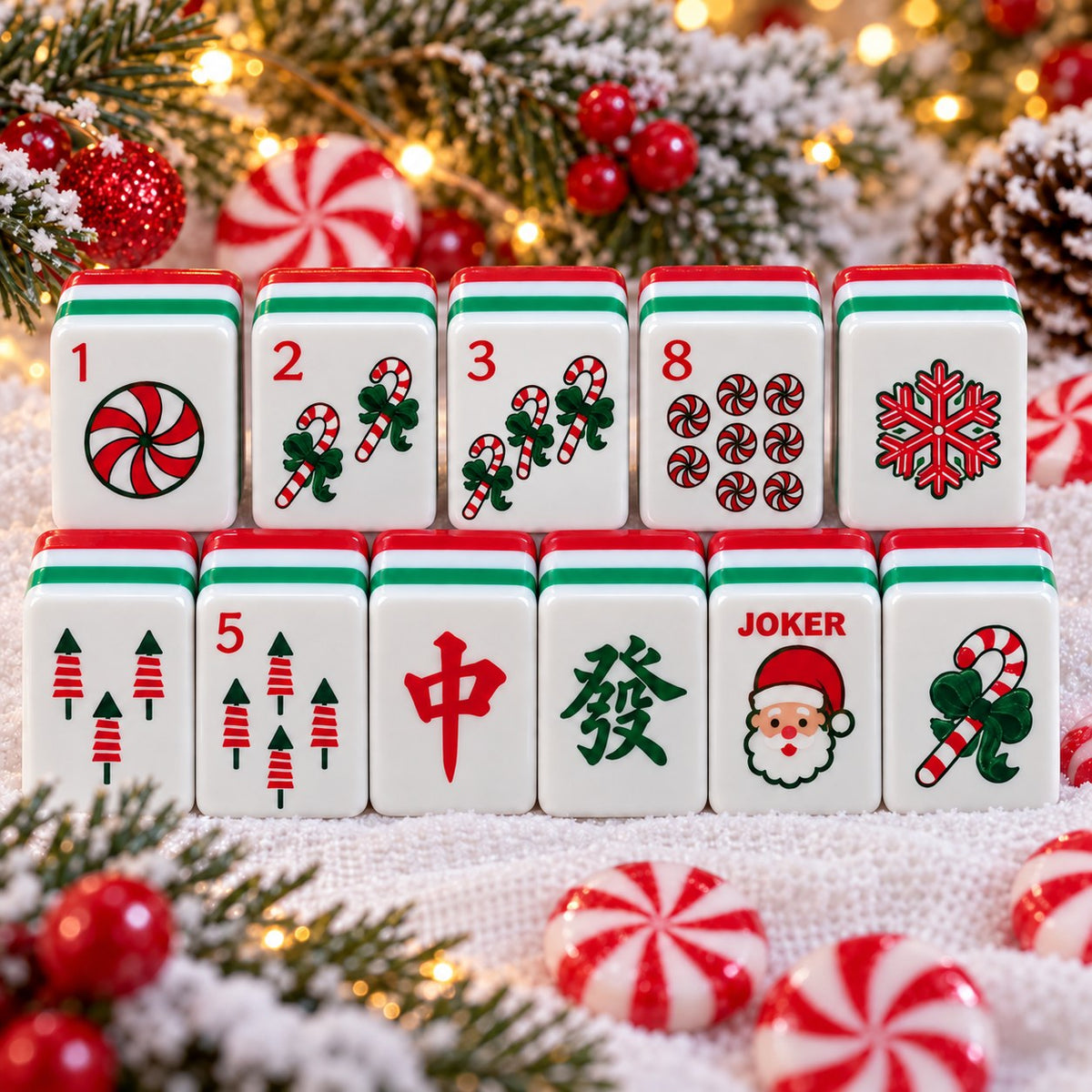Christmas Red Green White American mahjong tiles set with christmas artwork