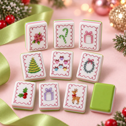 Christmas Lime Green Holiday American mahjong tiles set with christmas motifs artwork