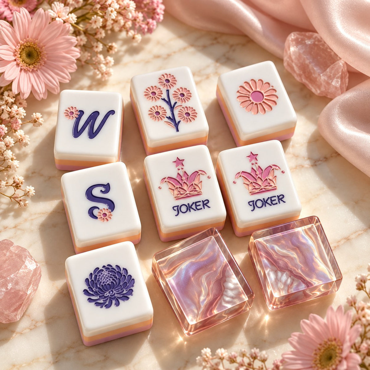 Marbled Pink Floral Tree American mahjong tiles set with floral and tree artwork