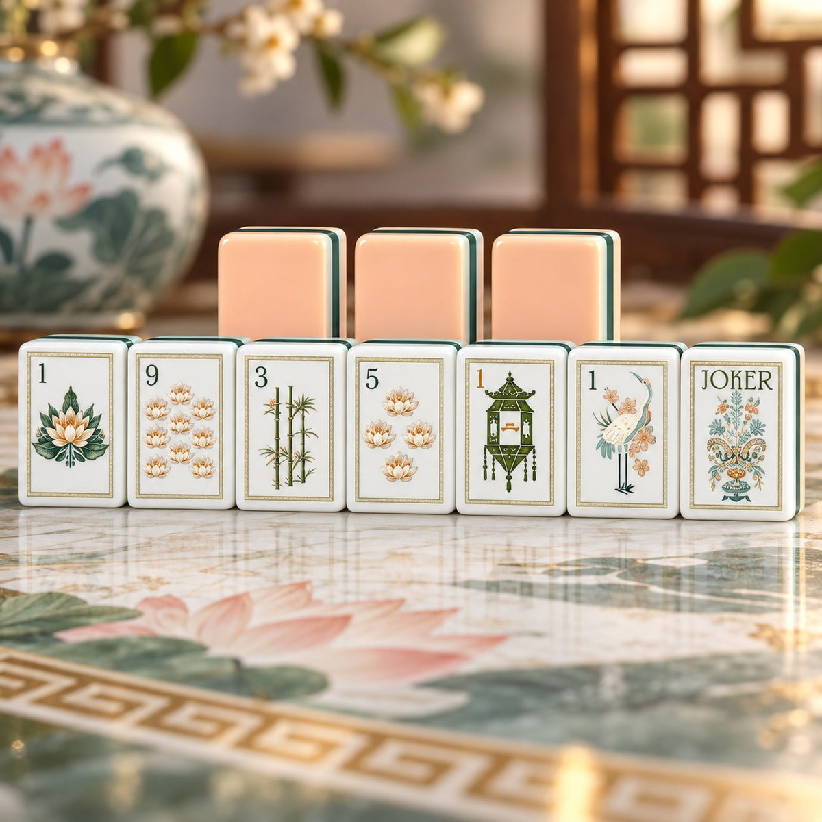 Peach Green Botanical Floral American mahjong tiles set with botanical and architectural motifs artwork