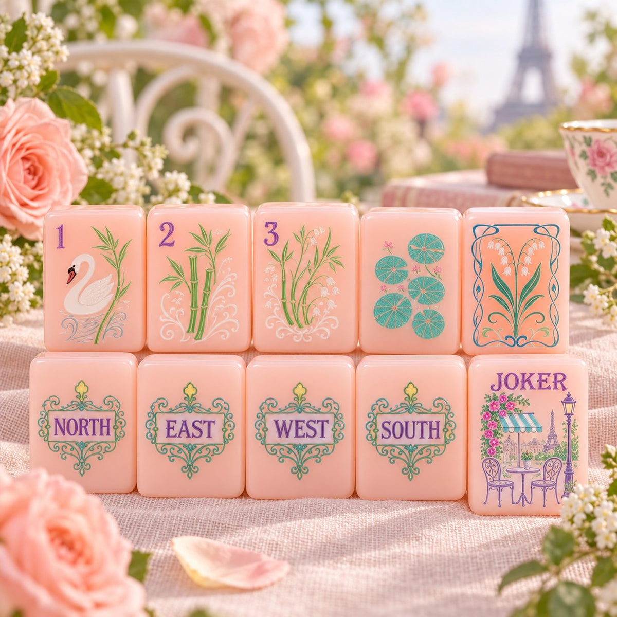 Peach Floral Parisian Pink American mahjong tiles set with floral and parisian artwork