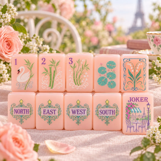 Peach Floral Parisian Pink American mahjong tiles set with floral and parisian artwork