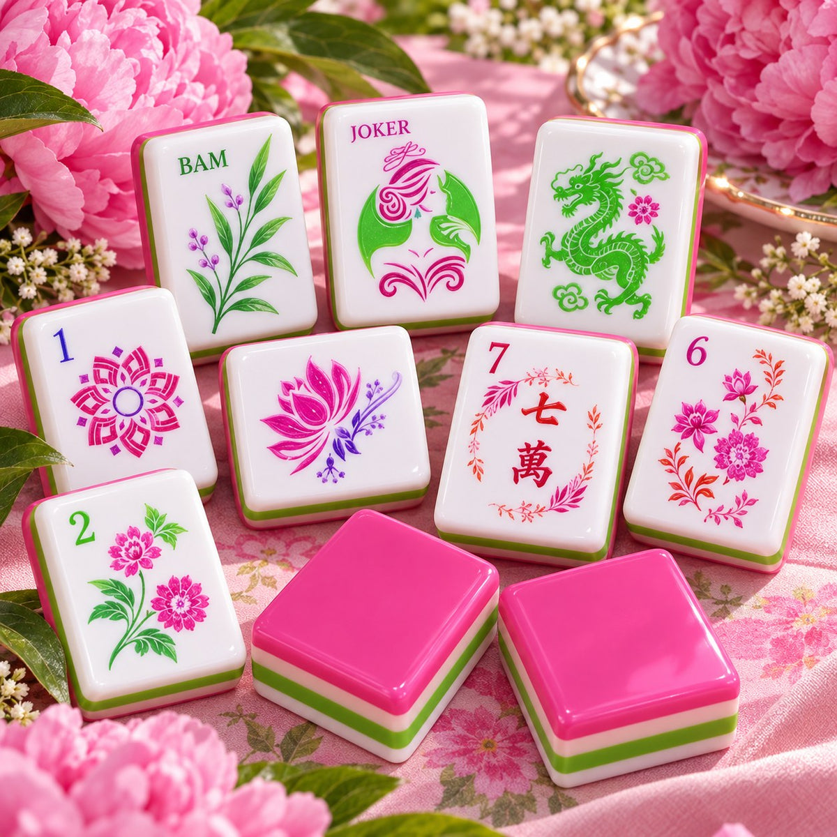 Pink Floral Botanical Flower American mahjong tiles set with floral and botanical artwork