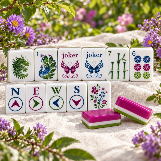 Birds Flowers Magenta American mahjong tiles set with birds and flowers artwork
