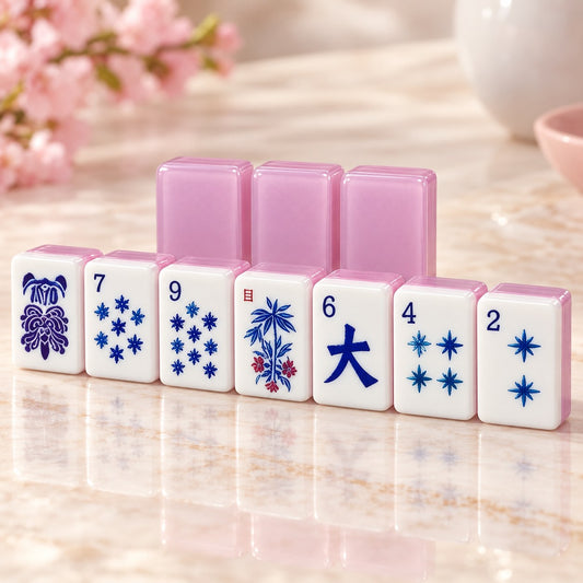 Translucent Pink Floral Dragon American mahjong tiles set with floral and dragon artwork