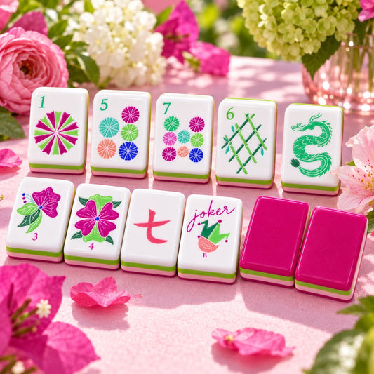 Pink Floral White Face American mahjong tiles set with floral and nature artwork